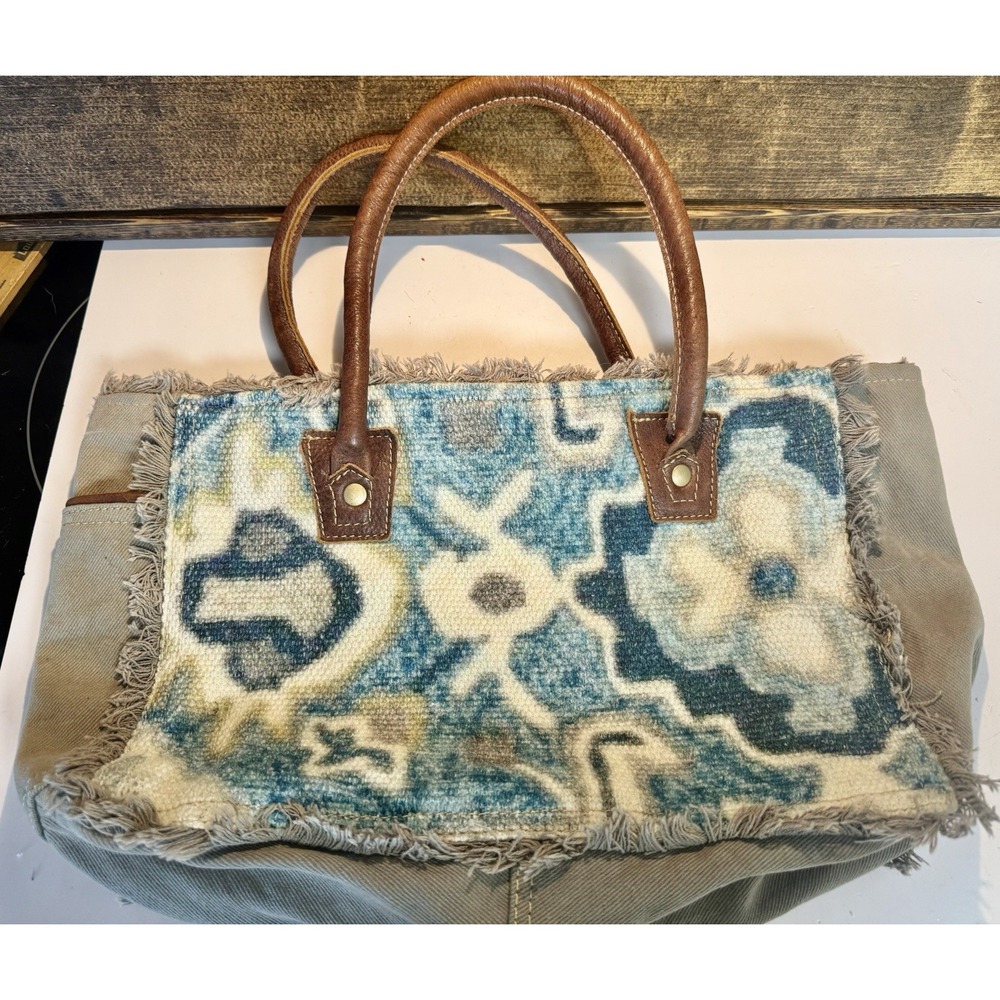 MYRA BAG Aqua Blue Canvas Floral Print Leather Handles Tote 100% cotton